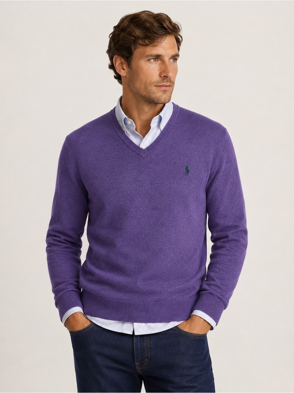 Polo Ralph Lauren Mens XL Purple 100% Merino Wool V-Neck Sweater Y2K preppy